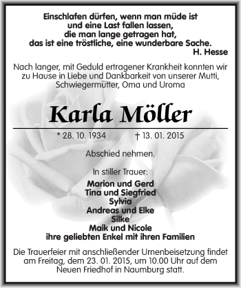 Traueranzeige von Karla Möller von Mitteldeutsche Zeitung Naumburg/Nebra