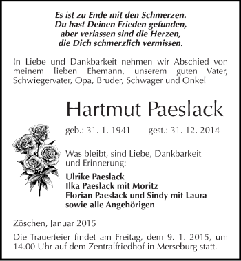 Traueranzeige von Hartmut Paeslack von Mitteldeutsche Zeitung Merseburg/Querfurt
