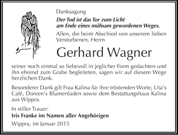 Traueranzeige von Gerhard Wagner von Mitteldeutsche Zeitung Mansfelder Land