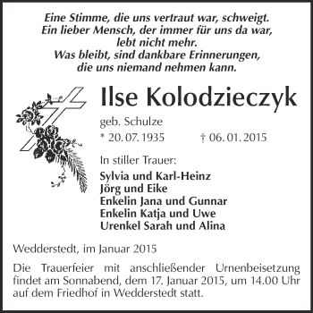 Traueranzeige von Ilse Kolodzieczyk von WVG - Wochenspiegel Quedlinburg