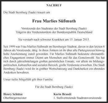 Traueranzeige von Marlies Süßmuth von Super Sonntag Bernburg
