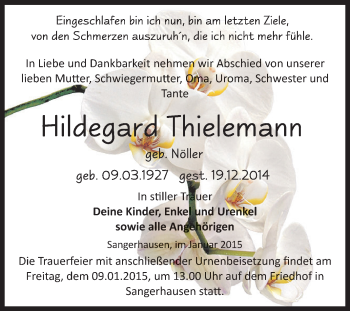 Traueranzeige von Hildegard Thielemann von Super Sonntag SGH Mansf. Land