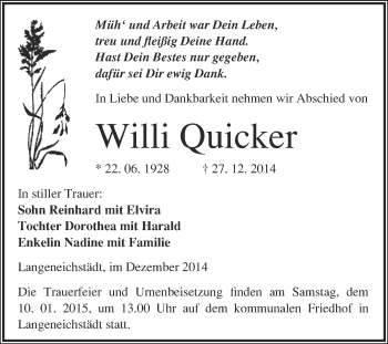 Traueranzeige von Willi Quicker von WVG - Wochenspiegel Merseburg
