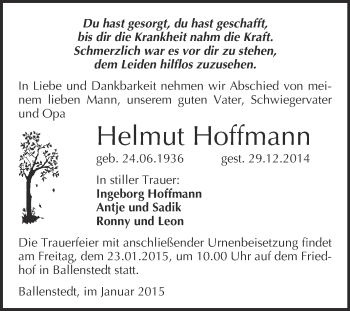 Traueranzeige von Helmut Hoffmann von WVG - Wochenspiegel Quedlinburg