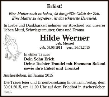 Traueranzeige von Hilde Werner von Super Sonntag Aschersleben