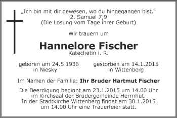 Traueranzeige von Hannelore Fischer von WVG - Wochenspiegel Wittenberg