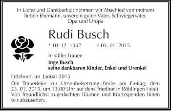 Traueranzeige von Rudi Busch von Mitteldeutsche Zeitung Mansfelder Land