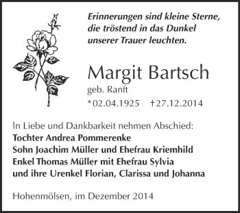 Traueranzeige von Margit Bartsch von WVG - Wochenspiegel NMB / WSF / ZTZ