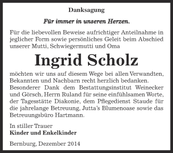 Traueranzeige von Ingrid Scholz von Super Sonntag Bernburg