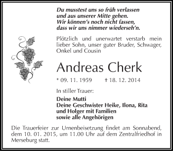 Traueranzeige von Andreas Cherk von Mitteldeutsche Zeitung Merseburg/Querfurt