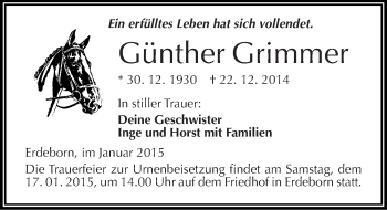 Traueranzeige von Günther Grimmer von Mitteldeutsche Zeitung Mansfelder Land