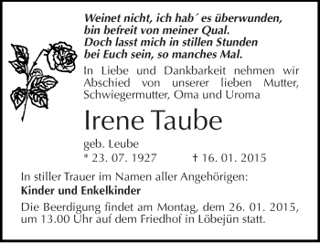 Traueranzeige von Irene Taube von Mitteldeutsche Zeitung Halle/Saalkreis