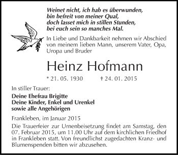 Traueranzeige von Heinz Hofmann von Mitteldeutsche Zeitung Merseburg/Querfurt