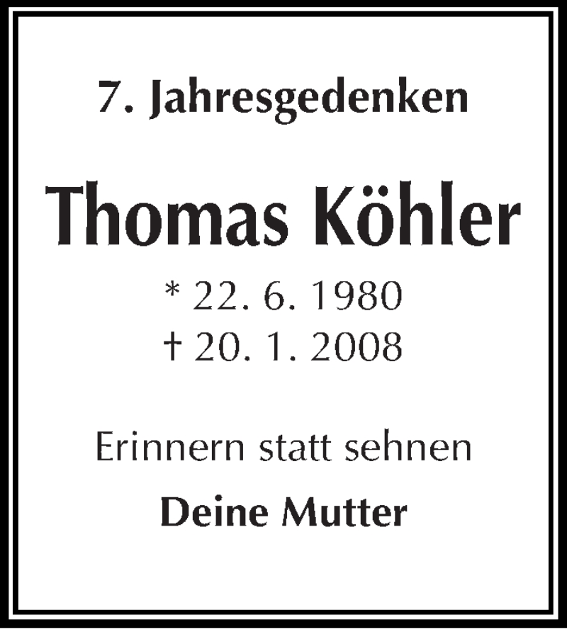  Traueranzeige für Thomas Köhler vom 20.01.2015 aus Mitteldeutsche Zeitung Halle/Saalkreis