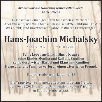 Traueranzeige von Hans-Joachim Michalsky von Super Sonntag Merseburg
