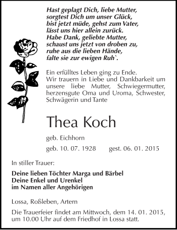 Traueranzeige von Thea Koch von Mitteldeutsche Zeitung Naumburg/Nebra
