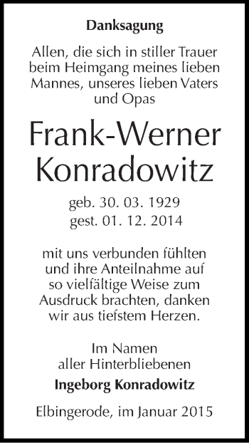 Traueranzeige von Frank-Werner Konradowitz von Mitteldeutsche Zeitung Quedlinburg