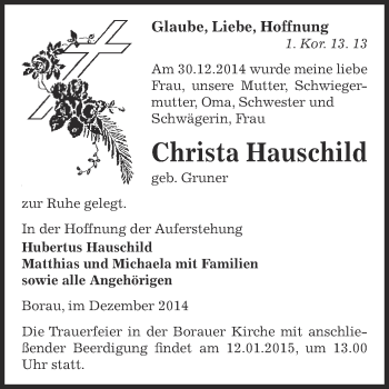 Traueranzeige von Christa Hauschild von Super Sonntag Zeitz