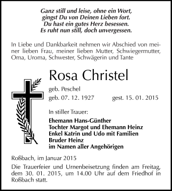 Traueranzeige von Rosa Christel von WVG - Wochenspiegel Merseburg