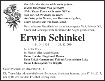 Traueranzeige von Erwin Schinkel von Super Sonntag Wittenberg
