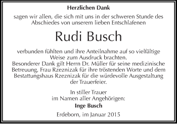 Traueranzeige von Rudi Busch von Mitteldeutsche Zeitung Mansfelder Land