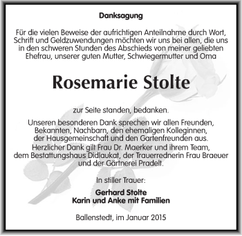 Traueranzeige von Rosemarie Stolte von Mitteldeutsche Zeitung Quedlinburg
