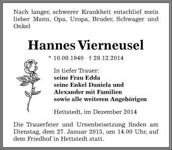 Traueranzeige von Hannes Vierneusel von Mitteldeutsche Zeitung Mansfelder Land
