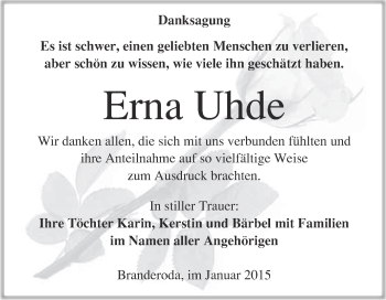 Traueranzeige von Erna Uhde von WVG - Wochenspiegel Merseburg