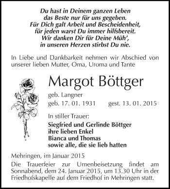 Traueranzeige von Margot Böttger von WVG - Wochenspiegel Aschersleben