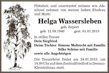 Traueranzeige von Helga Wassersleben von WVG - Wochenspiegel Dessau / Köthen