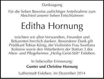 Traueranzeige von Editha Hornung von Mitteldeutsche Zeitung Mansfelder Land