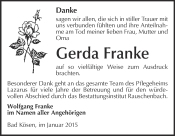Traueranzeige von Gerda Franke von WVG - Wochenspiegel NMB / WSF / ZTZ
