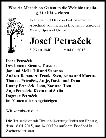 Traueranzeige von Josef Petracek von Mitteldeutsche Zeitung Bitterfeld