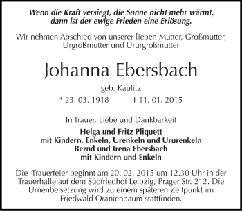 Traueranzeige von Johanna Ebersbach von Mitteldeutsche Zeitung Dessau-Roßlau
