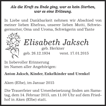 Traueranzeige von Elisabeth Jaksch von WVG - Wochenspiegel Dessau / Köthen