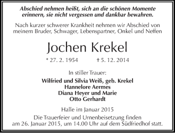 Traueranzeige von Jochen Krekel von Mitteldeutsche Zeitung Halle/Saalkreis
