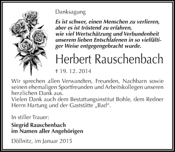 Traueranzeige von Herbert Rauschenbach von Mitteldeutsche Zeitung Merseburg/Querfurt