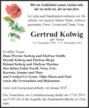 Traueranzeige von Gertrud Kolwig von Super Sonntag Zeitz