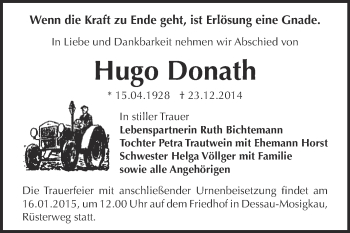 Traueranzeige von Hugo Donath von WVG - Wochenspiegel Dessau / Köthen