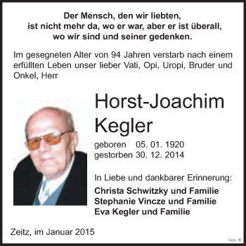 Traueranzeige von Horst-Joachim Kegler von WVG - Wochenspiegel NMB / WSF / ZTZ