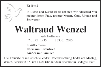 Traueranzeige von Waltraud Wenzel von WVG - Wochenspiegel Wittenberg