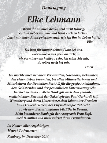 Traueranzeige von Elke Lehmann von WVG - Wochenspiegel Dessau / Köthen