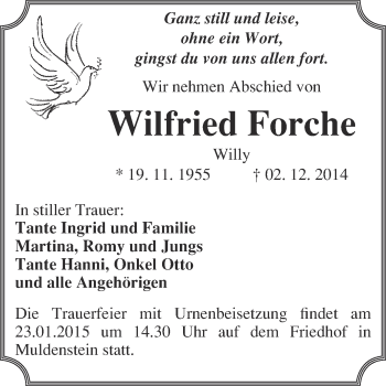 Traueranzeige von Wilfried Forche von WVG - Wochenspiegel Bitterfeld