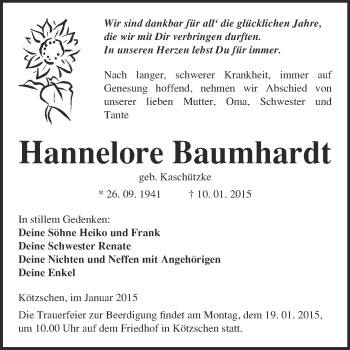 Traueranzeige von Hannelore Baumhardt von WVG - Wochenspiegel Merseburg