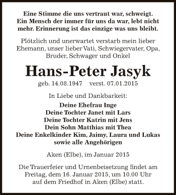 Traueranzeige von Hans-Peter Jasyk von WVG - Wochenspiegel Dessau / Köthen