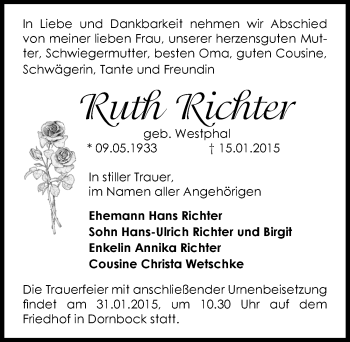 Traueranzeige von Ruth Richter von Mitteldeutsche Zeitung Köthen