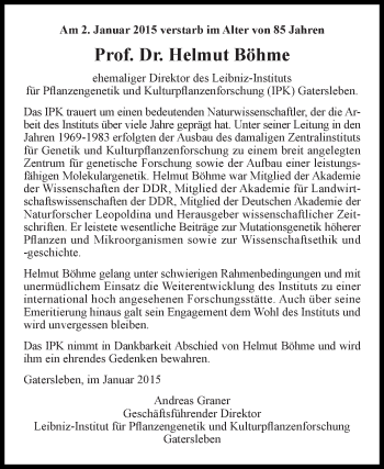 Traueranzeige von Helmut Böhme von Super Sonntag Aschersleben