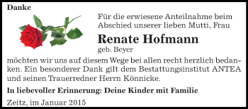 Traueranzeige von Renate Hofmann von Super Sonntag Zeitz