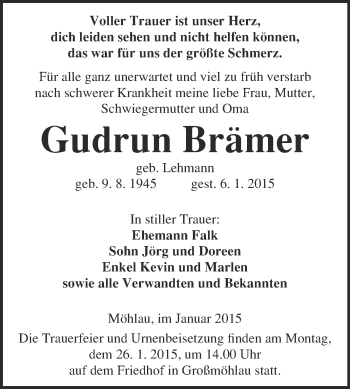 Traueranzeige von Gudrun Brämer von WVG - Wochenspiegel Wittenberg