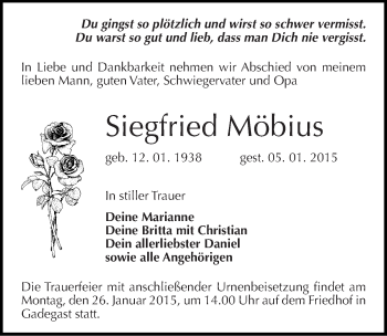 Traueranzeige von Siegfried Möbius von Mitteldeutsche Zeitung Wittenberg